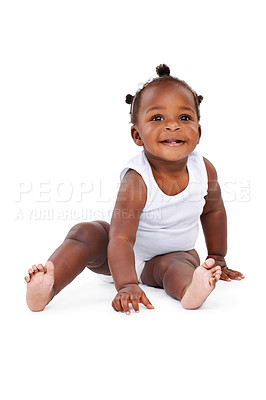 Buy stock photo Smile, sitting and African girl baby isolated on white background with playful happiness and growth. Learning, playing and laughing, happy black kid on studio backdrop for development and child care.