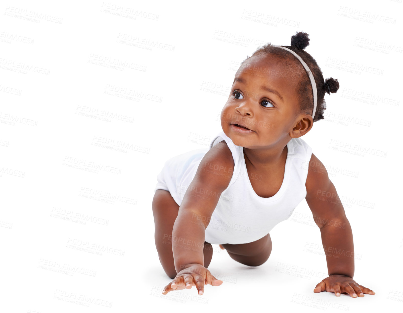 Buy stock photo Isolated, baby crawling and against a white background on the floor. Childhood or milestone, child development or playing and black toddler crawl alone against a studio backdrop on the ground