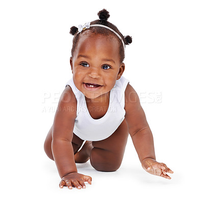 Buy stock photo Smile, crawl and African girl baby isolated on white background with playful happiness and growth. Learning, playing and development, happy face of black child crawling on floor on studio backdrop.