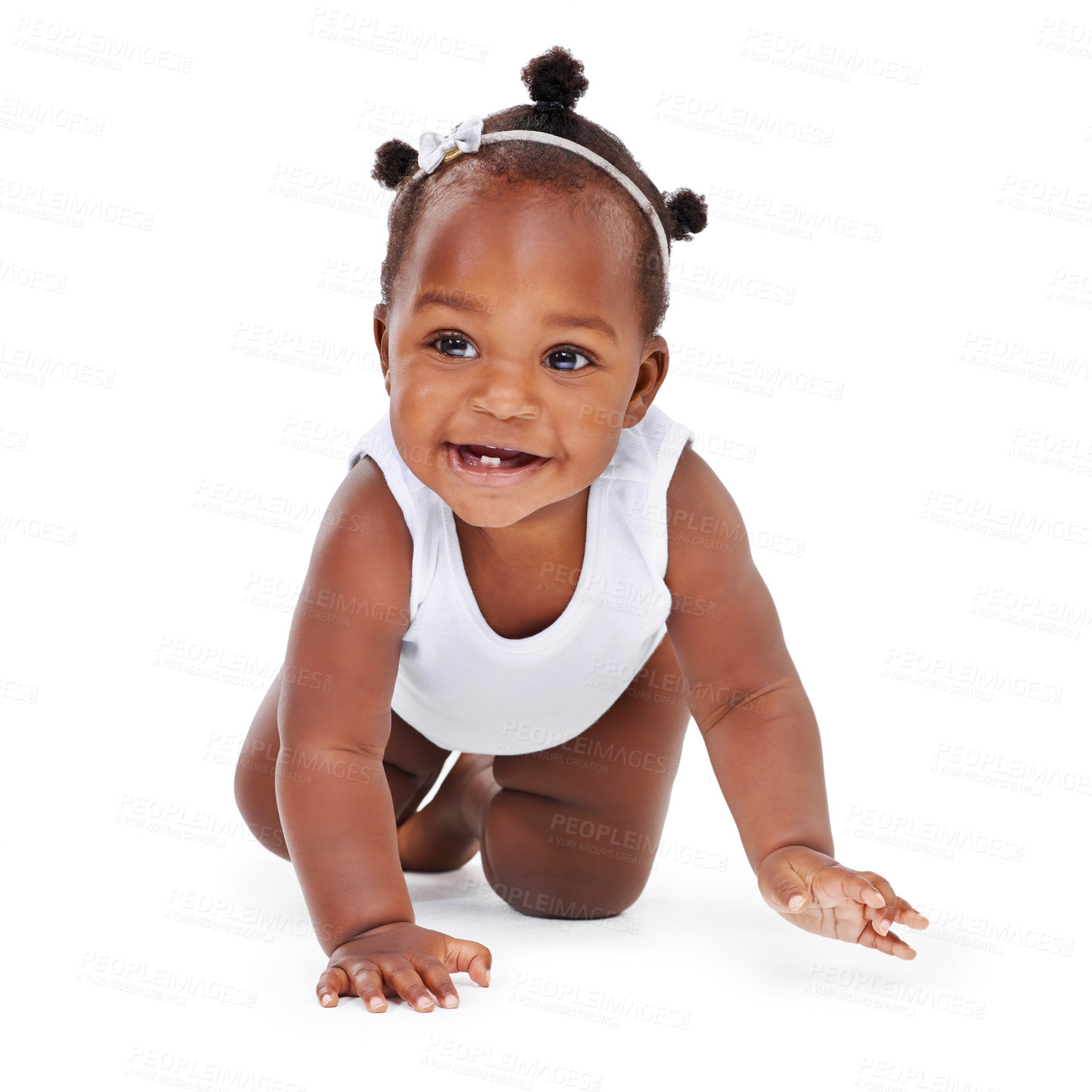 Buy stock photo Smile, crawl and African girl baby isolated on white background with playful happiness and growth. Learning, playing and development, happy face of black child crawling on floor on studio backdrop.