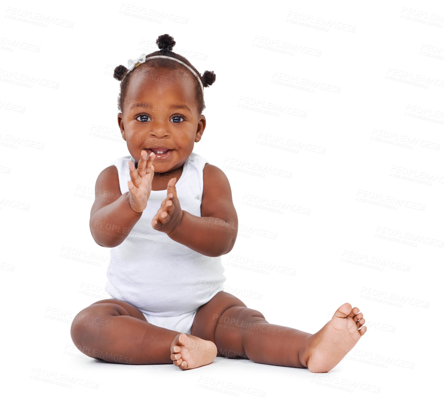 Buy stock photo Portrait, baby and clapping with smile in studio for applause, playing and cheerful for motor development. Children, happy and enjoying hands game, excited and joyful kid in white background