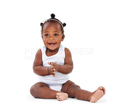 Buy stock photo Baby, black girl and clapping in studio for happiness, growth and playful newborn with white background Infant, child and toddler for cheerful, excited or childhood development with hands together
