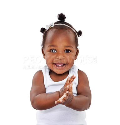 Buy stock photo Portrait, infant and baby with a smile, applause and happiness isolated against a white studio background. Face, female person and toddler clapping, cheerful and newborn excited and hands together