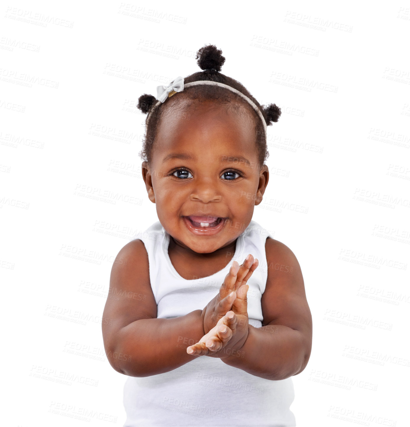 Buy stock photo Portrait, infant and baby with a smile, applause and happiness isolated against a white studio background. Face, female person and toddler clapping, cheerful and newborn excited and hands together