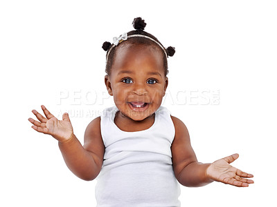 Buy stock photo Smile, portrait and African girl baby isolated on white background with playful happiness and growth. Learning, playing and sitting, happy face of black child on studio backdrop and kids open hands.