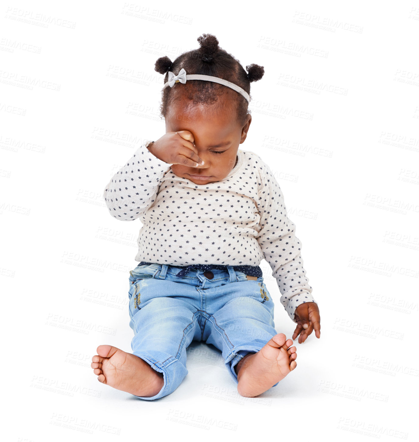 Buy stock photo Child, tired and rubbing eyes in studio while sleepy from playing, learning and motor development in white background. Baby girl or infant, sitting and drowsy or sleeping for nap time, rest and peace