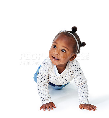 Buy stock photo Baby, girl or crawling by thinking, curiosity or wow as question, idea or wonder at balance progress. Female toddler, hands or knees in vision to learn, motor skills or mobility development milestone