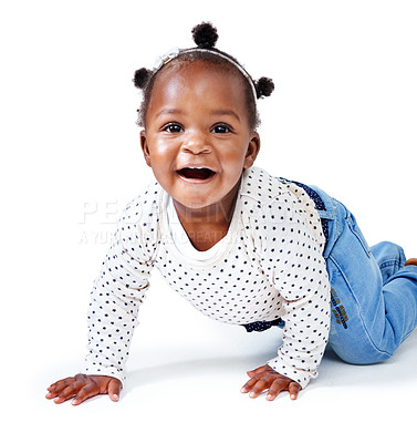 Buy stock photo Portrait, baby or girl to smile, crawling or child development on studio mock up on white background. Female toddler, hands or knees to learn, health or balance by motor skills, mobility or milestone