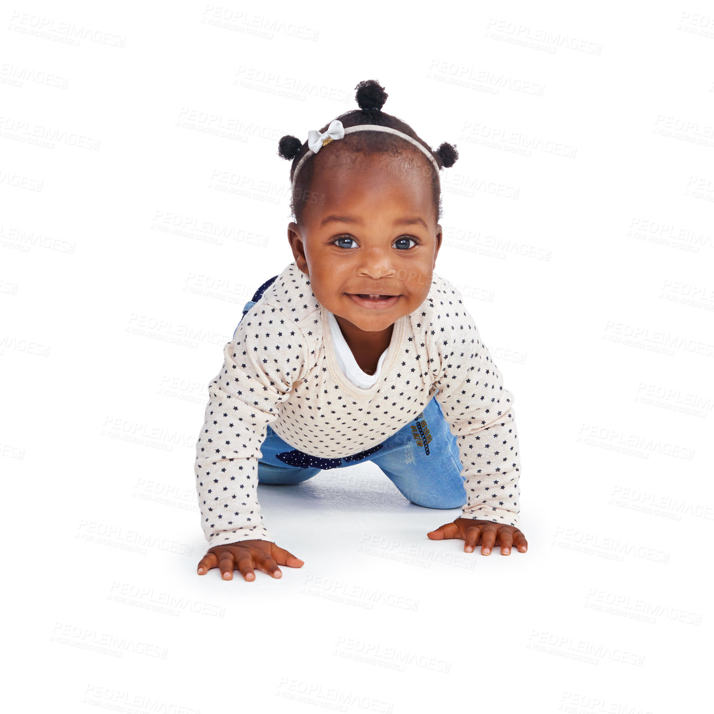 Buy stock photo Portrait, baby girl or smile to crawl, explore or child development on mock up on white background. Female toddler or crawling on hands, knees or learn to balance mobility milestone and motor skills
