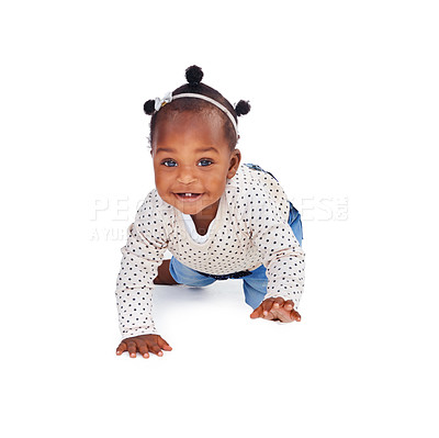 Buy stock photo Portrait, happy or toddler to explore by crawling as child development on mockup on white background. Baby, girl or smile to crawl, hand or knee to learn, balance or motor skill on mobility milestone
