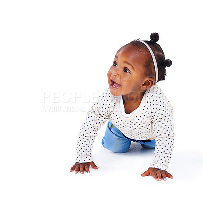 Buy stock photo African baby, smile and crawling for development, learning and growing up for cute and adorable on white background. Girl, toddler or kids and happiness or joy for young, children and growth 