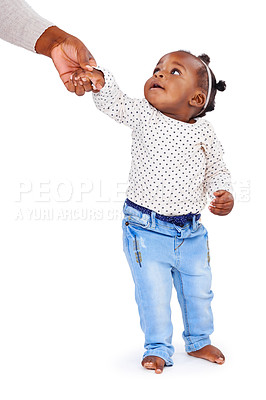 Buy stock photo Baby girl, holding hands and parent support in studio for walking development of child, learning and milestone. Balance, motor skills and coordination for steps on white, background for caring.
