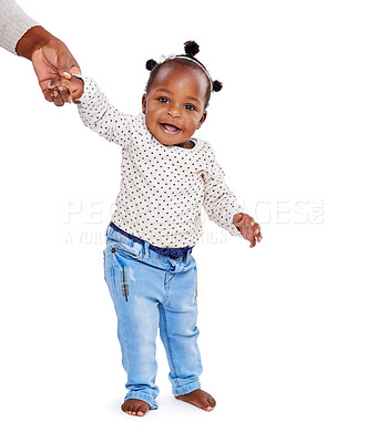 Buy stock photo Baby, walking and hand in studio for help, support and balance with mockup space. Child, learning and coordination or motor skills development for steps in white background, infant care and love
