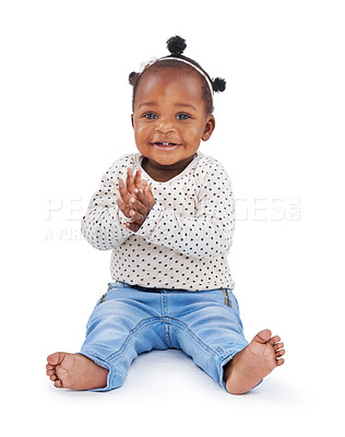 Buy stock photo African baby and fashion in studio and clapping with smile, hands or fashionable or clothing. Little child on white background in portrait, fun or style or excited, happy or friendly and applause