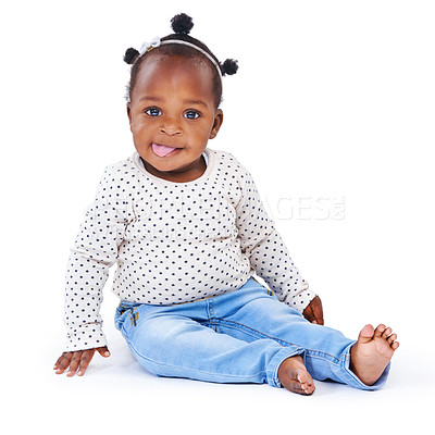 Buy stock photo Portrait, baby or funny face as sitting, humor or tongue to relax on mockup on white background. Black toddler, licking or curious in crazy, taste or joke as flavor, nutrition in childhood studio