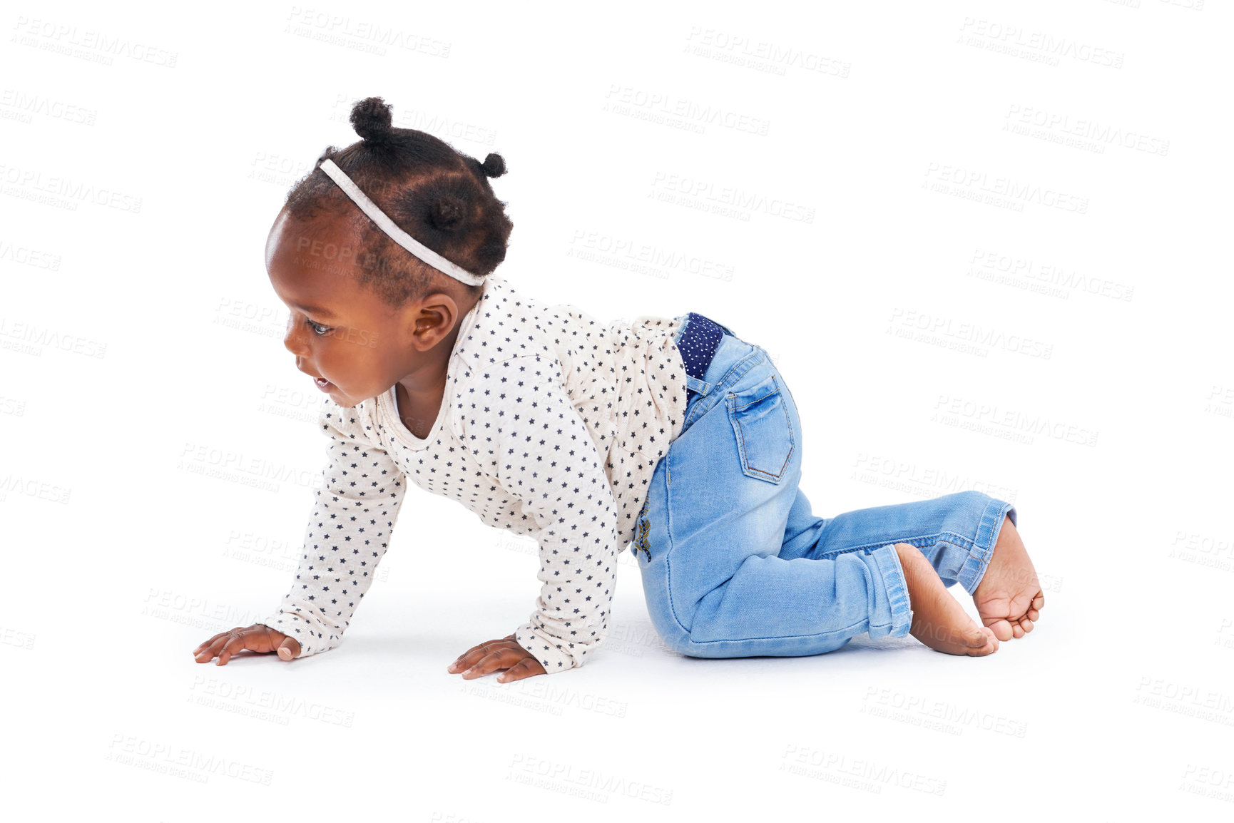 Buy stock photo African baby, girl and motor skills on floor for child development, learning and growth. Toddler, isolated and white background in studio for mockup space, childhood, milestone and crawling.