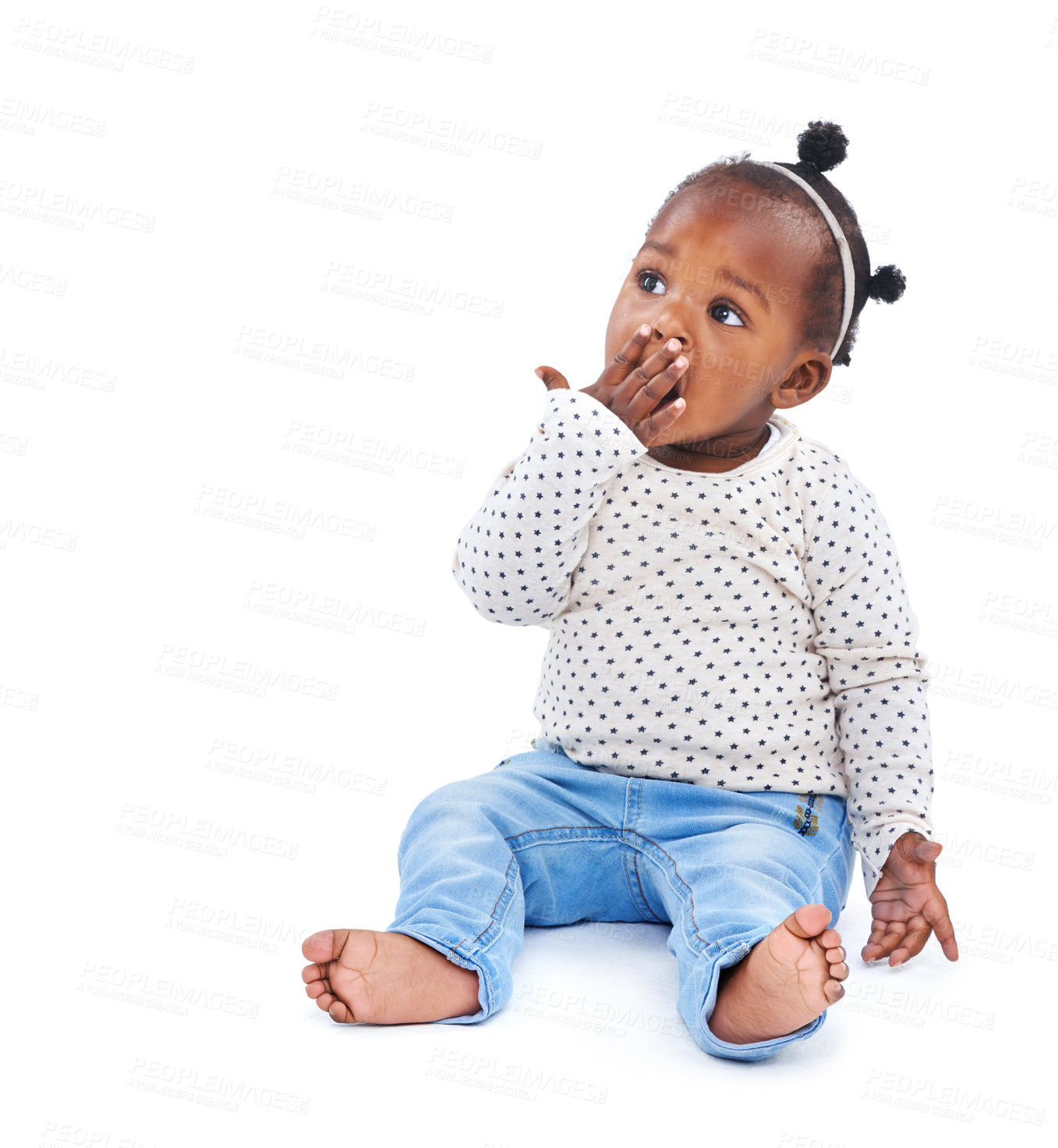 Buy stock photo Wow, baby girl and surprise in studio with hands on face for announcement, drama or action with mockup space. Omg, child and shocked with motor development for curious infant in white background