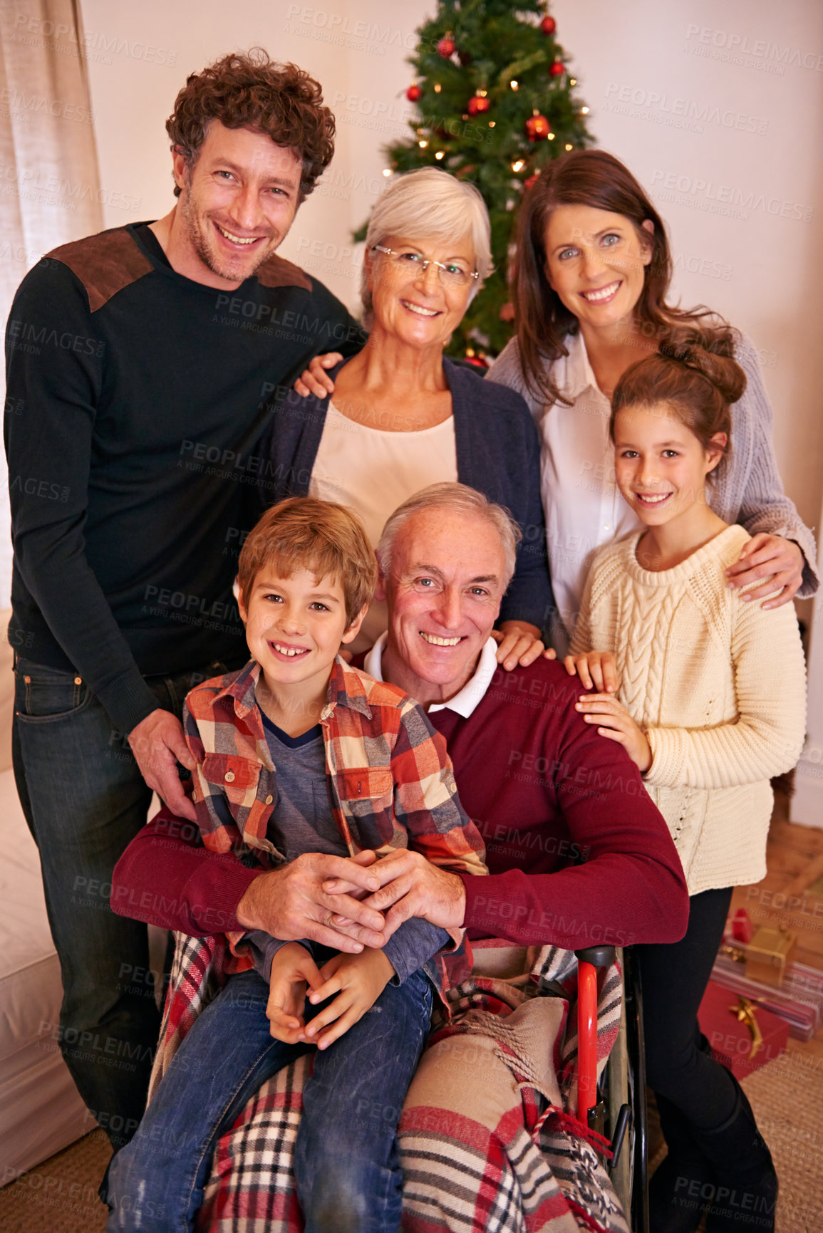 Buy stock photo Christmas, happy and big family portrait in home with young children, parents and grandparents. Happiness, love and festive holiday celebration with kids, grandma and grandpa together in house.