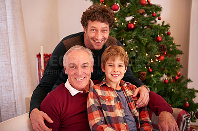 Buy stock photo Christmas, family and holiday portrait with grandpa on home living room sofa with young kid. Smile, big family and festive vacation celebration with child, dad and grandparent in house.


