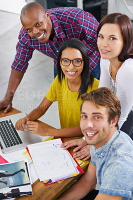 Buy stock photo Colleagues, smile and portrait with laptop in office for collaboration, planning and strategy in advertising agency. Diverse people or designers with technology and sketch for teamwork in company