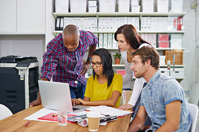 Buy stock photo Team, diversity and designers with office, discussion and support for project collaboration. Entrepreneurs, teamwork and professional creativity with computer, technology and startup for workforce