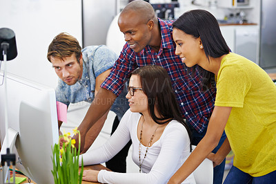 Buy stock photo Team, diversity and designers with office, meeting and support for project collaboration. Entrepreneurs, teamwork and professional creativity with computer, technology and smile for happy workforce