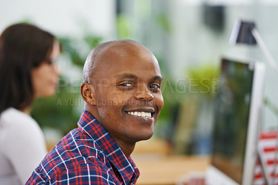 Buy stock photo African man, portrait and smile with happy creative career, web designer in office with businessman. Company, professional employee in workspace for job, confident black person in digital design