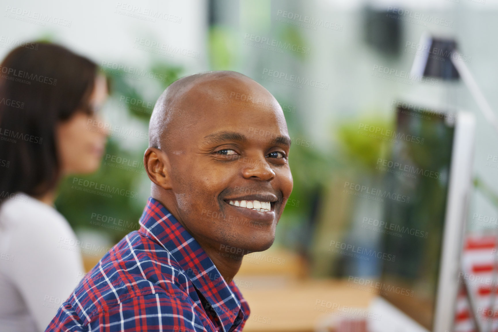 Buy stock photo African man, portrait and smile with happy creative career, web designer in office with businessman. Company, professional employee in workspace for job, confident black person in digital design
