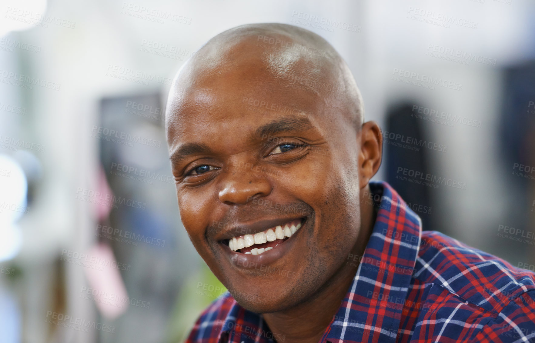 Buy stock photo Man, smile and portrait in office for creative project, career and profession for company or organisation. African person, designer or editor and happy for business in workplace for job indoor 