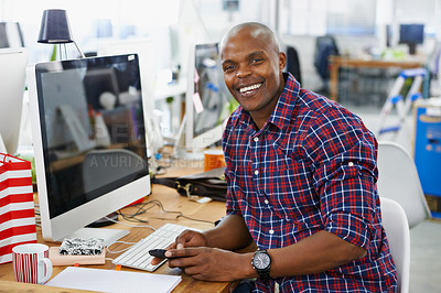 Buy stock photo African man, portrait and phone or happy with creative job, technology with web designer in office workspace at desk. Businessman, smile and workplace for online search with internet browse