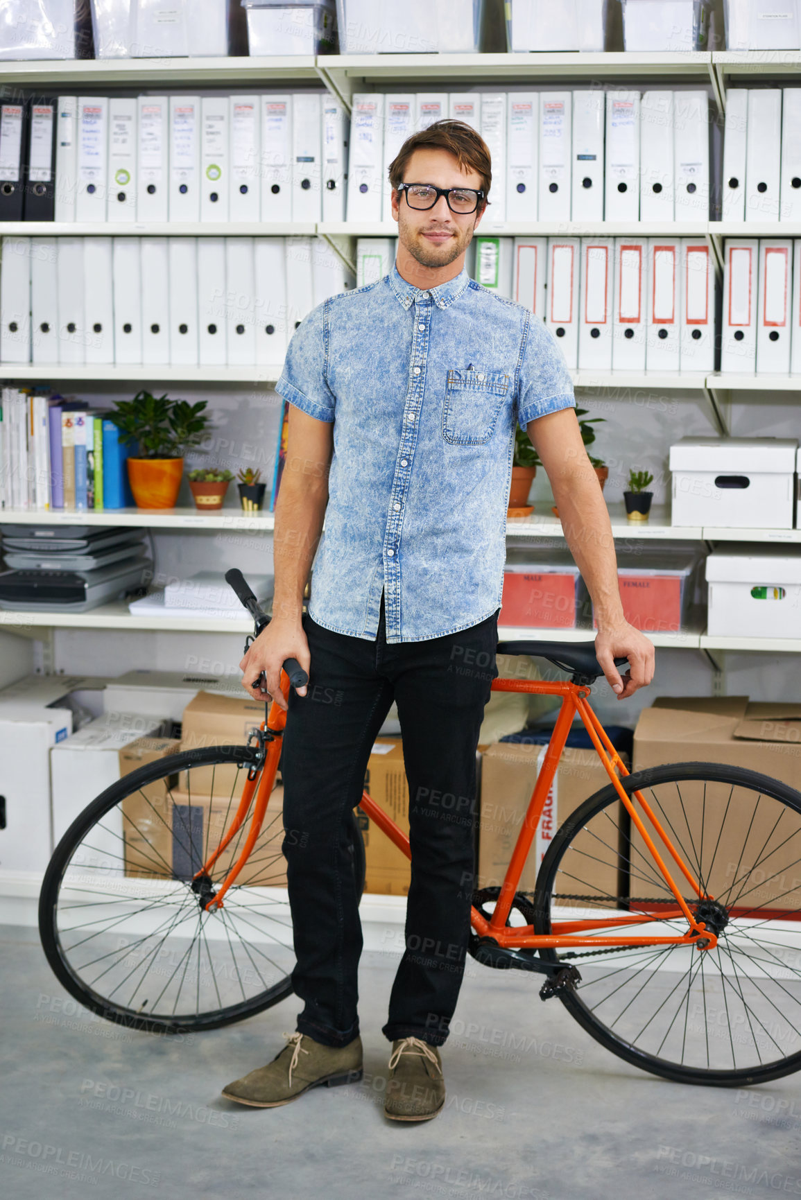 Buy stock photo Man, bike and eco friendly travel in portrait, carbon footprint for environment and cycling for commute to office. Transport, professional at startup and ride to work with bicycle for sustainability