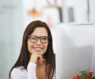 Buy stock photo Creative, computer and portrait of woman in office with confidence, ambition and glasses. Professional, opportunity and face of receptionist at design business, advisor consultant in workplace. 