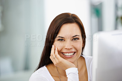 Buy stock photo Graphic designer, portrait and computer in office with smile, visual content and ideas for company, agency and clients. Businesswoman, happy and tech in workplace for career, business and job