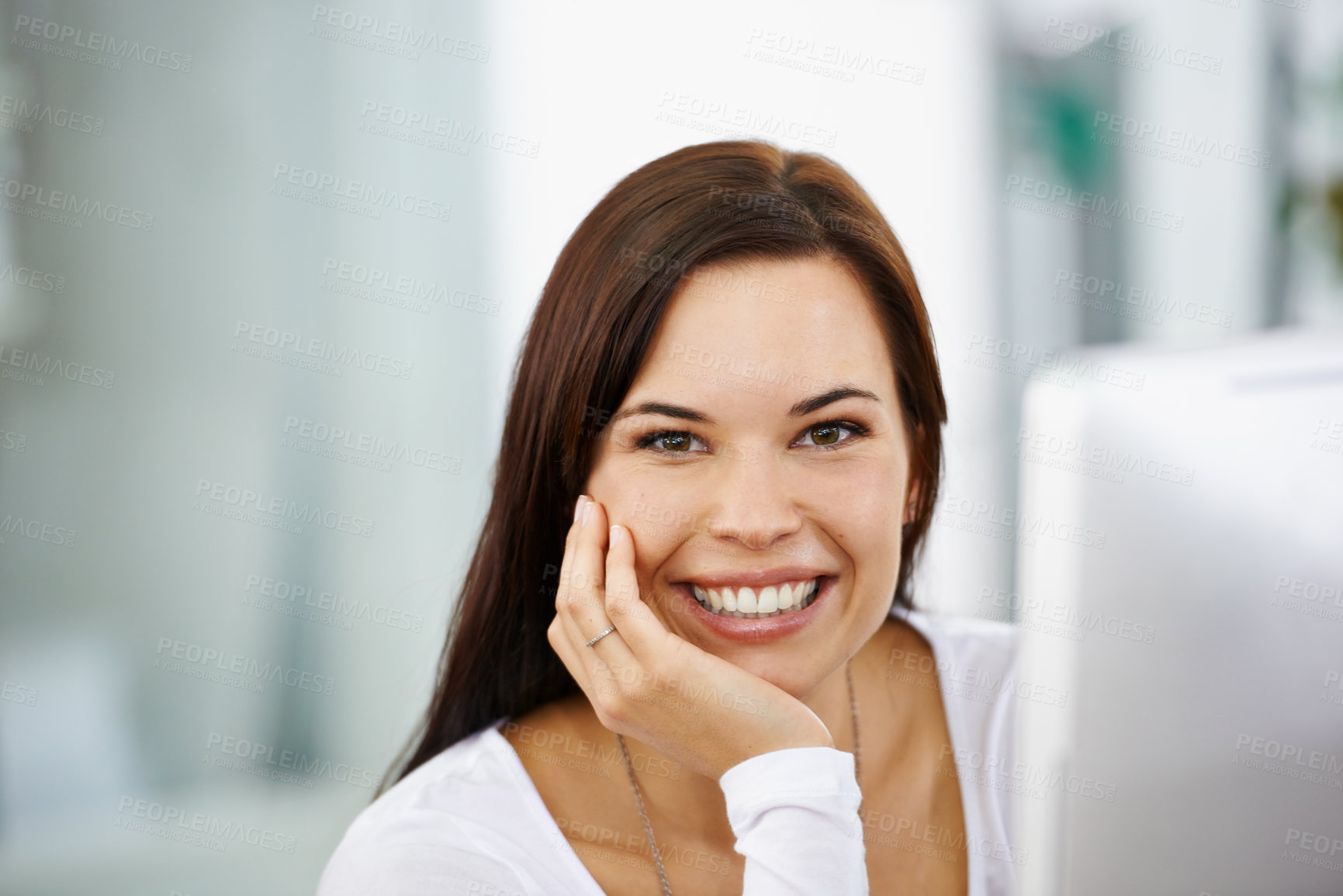 Buy stock photo Graphic designer, portrait and computer in office with smile, visual content and ideas for company, agency and clients. Businesswoman, happy and tech in workplace for career, business and job