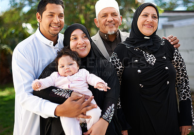 Buy stock photo Family, smile and together for eid, islam and ramadan for religious holiday and happy. Senior people, mom and dad with baby in garden or backyard for visit, culture or religion for faith and joy   