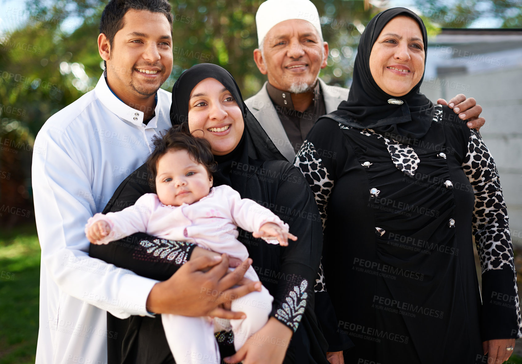 Buy stock photo Family, smile and together for eid, islam and ramadan for religious holiday and happy. Senior people, mom and dad with baby in garden or backyard for visit, culture or religion for faith and joy   