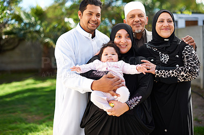 Buy stock photo Muslim family, grandparents and parents with baby outdoor, Eid celebration or Ramadan with happiness and generations. People in garden, love and support with smile for Islamic holiday and bonding