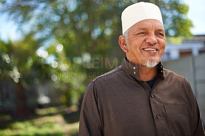 Buy stock photo Senior man, muslim and happy in outdoor for eid or ramadan holiday for religion to enjoy and satisfied. Faith, Islam and smile for faith or hope with fasting on outfit for mosque, salvation and pray