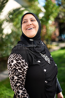 Buy stock photo Mature woman, muslim and smile in garden at home for eid or ramadan for religion to enjoy and satisfied. Faith, Islam and happy for faith or hope with fasting on outfit for mosque, salvation and pray