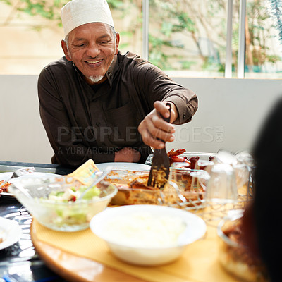 Buy stock photo Senior man, muslim and table with food for eid or ramadan for religion to enjoy and satisfied at home. Faith, Islam and happy with meal or lunch from fasting on religious outfit with smile and joy