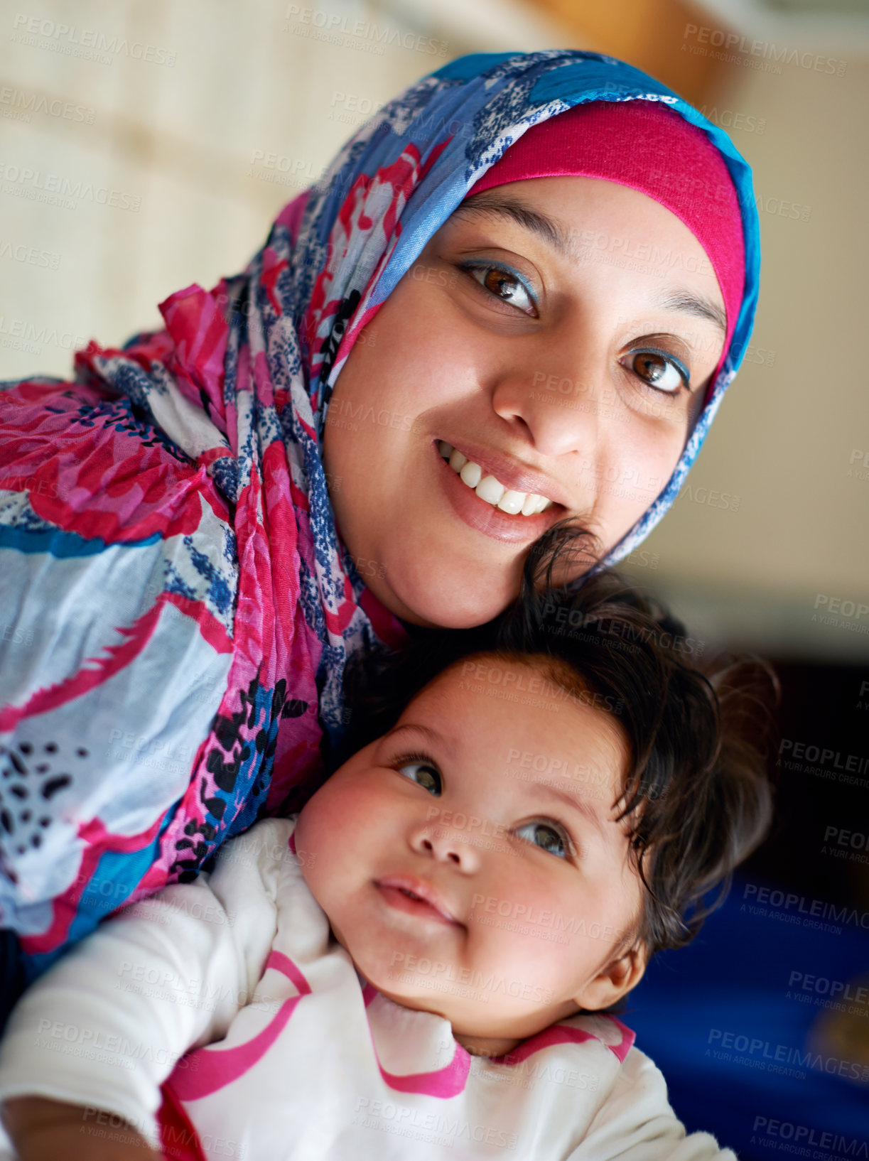 Buy stock photo Happy, baby and portrait of muslim mom in home with love and care for family in Saudi Arabia. Infant, child and Arabic mother relax in house with support and kindness for kid in embrace of mama