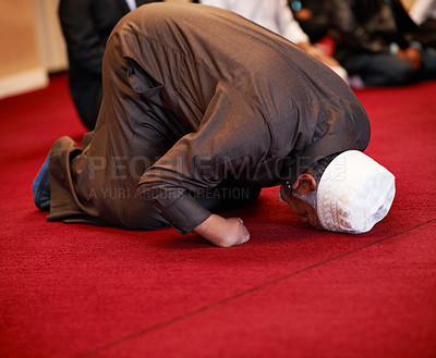 Buy stock photo Muslim, man and prayer for worship, faith and spiritual routine for ramadan. Islamic person, culture and tradition for mosque, eid and religion for belief and support or gratitude and guidance