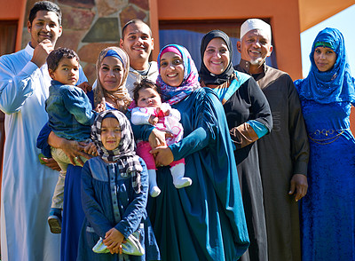Buy stock photo Smile, portrait and family of muslim people, outside and house for happy Eid celebration. Garden, lawn and islamic woman with hijab, generations and household for religious holiday after ramadan