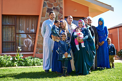 Buy stock photo House, portrait and family of muslim people, outside and home for happy Eid celebration. Garden, lawn and islamic woman with hijab, generations and household for religious holiday after ramadan