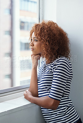 Buy stock photo African woman, thinking and window for ideas, business and startup with vision, planning and goals. Female person, entrepreneur and businesswoman in thoughtful, dreaming and strategy for success