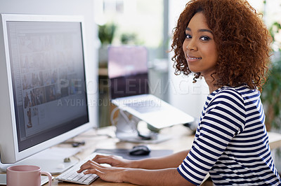 Buy stock photo Creative, office and portrait of black woman at computer with productivity on project or writing email. Happy, employee and working at desktop with development on task and typing online communication