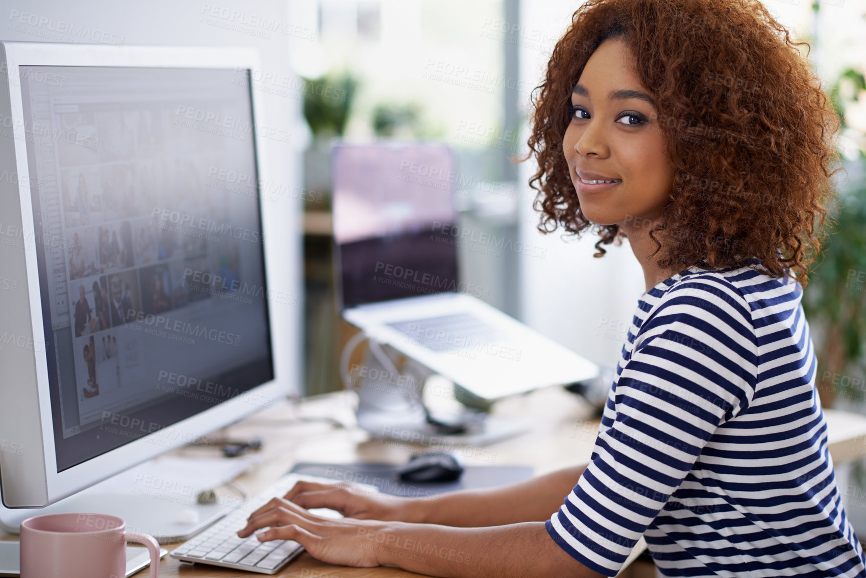 Buy stock photo Creative, office and portrait of black woman at computer with productivity on project or writing email. Happy, employee and working at desktop with development on task and typing online communication