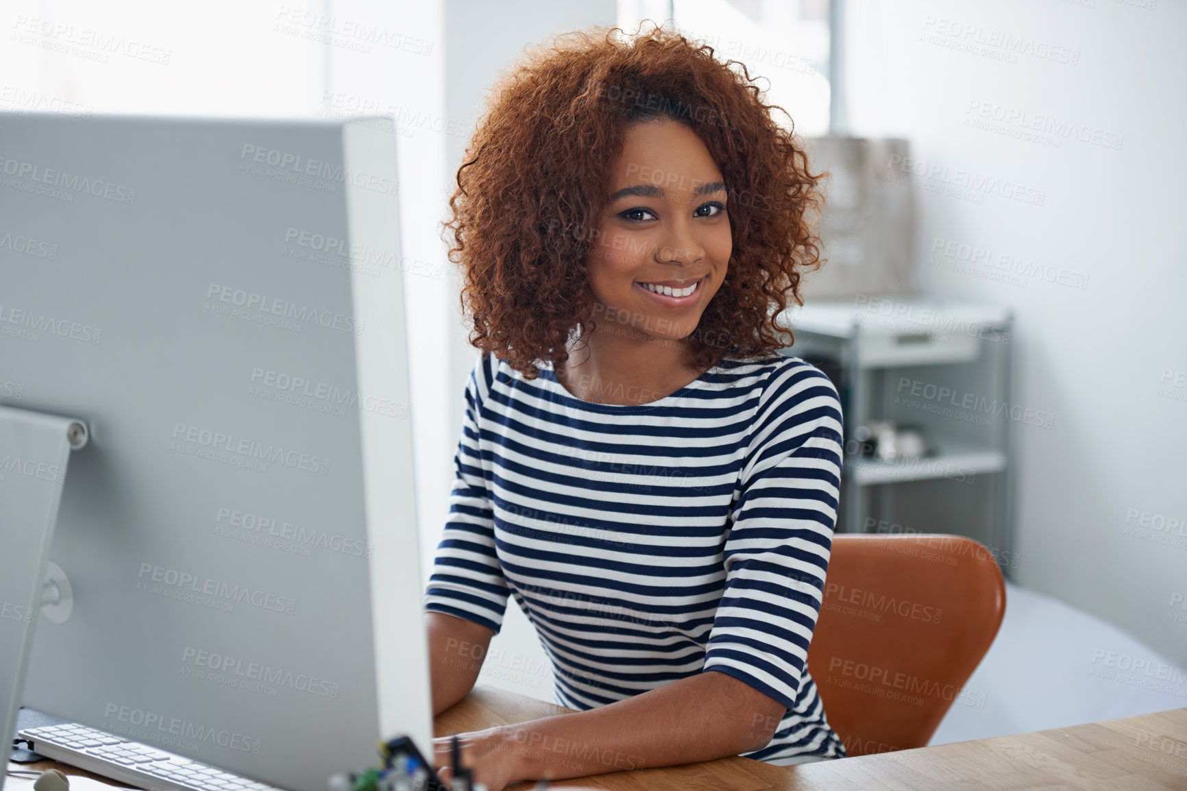 Buy stock photo Creative, office and portrait of black woman at computer with productivity on project or writing email. Happy, employee and working at desktop with development on task and typing online communication