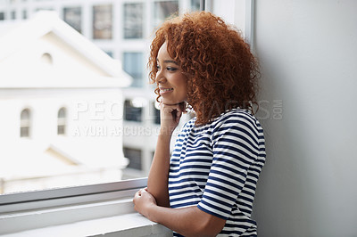 Buy stock photo Happy, thinking and black woman at window in office with ideas for future or development in business. Employee, planning and professional inspiration for progress and creative solution in workplace