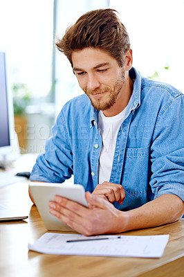 Buy stock photo Social media, office and man with smile, tablet and technology for networking and internet. Creative, male person and staff for remote, working and happiness for career as author with document